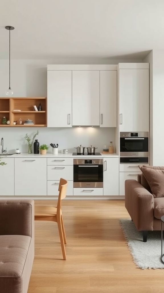 A modern kitchen integrated with a living room, featuring sleek cabinetry and built-in appliances.