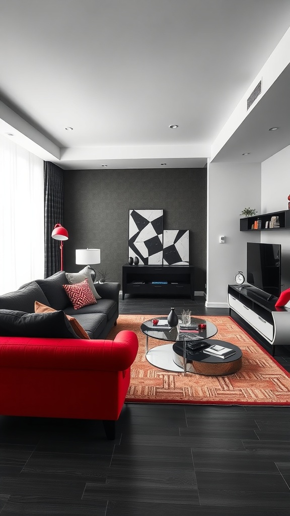 Innovative furniture arrangement in a black, red, and white living room featuring a bold red sofa, a circular coffee table, and modern art pieces.