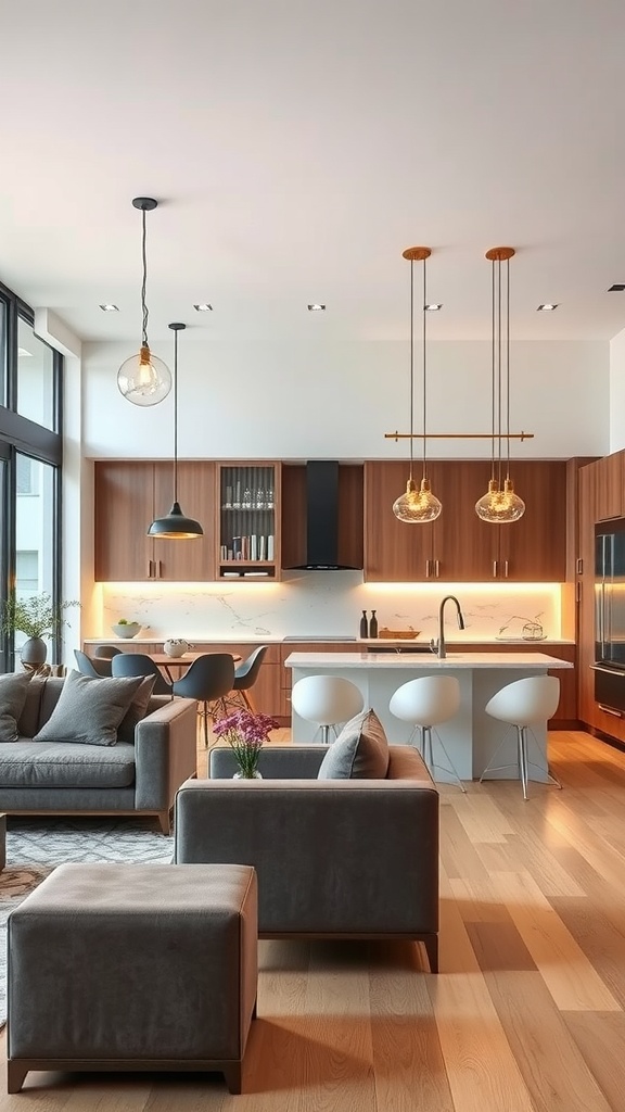 Stylish open kitchen living room featuring various innovative lighting fixtures