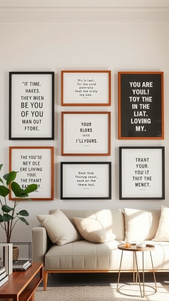 A wall with framed inspirational quotes in various styles and colors above a light-colored sofa.