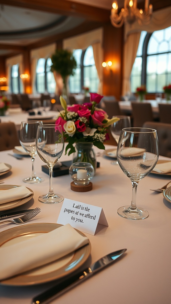 Elegant dinner table setting with flowers and an inspirational quote card