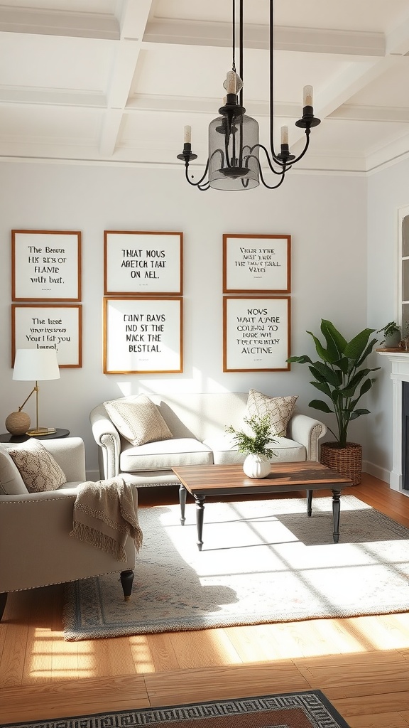 A cozy French country living room with inspirational quotes framed on the wall, featuring soft beige sofas and a rustic wooden coffee table.