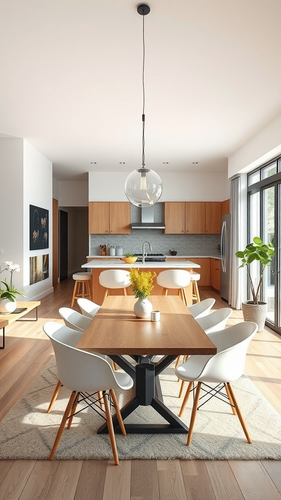 A modern integrated dining area in an open kitchen living room with a wooden dining table and stylish white chairs.