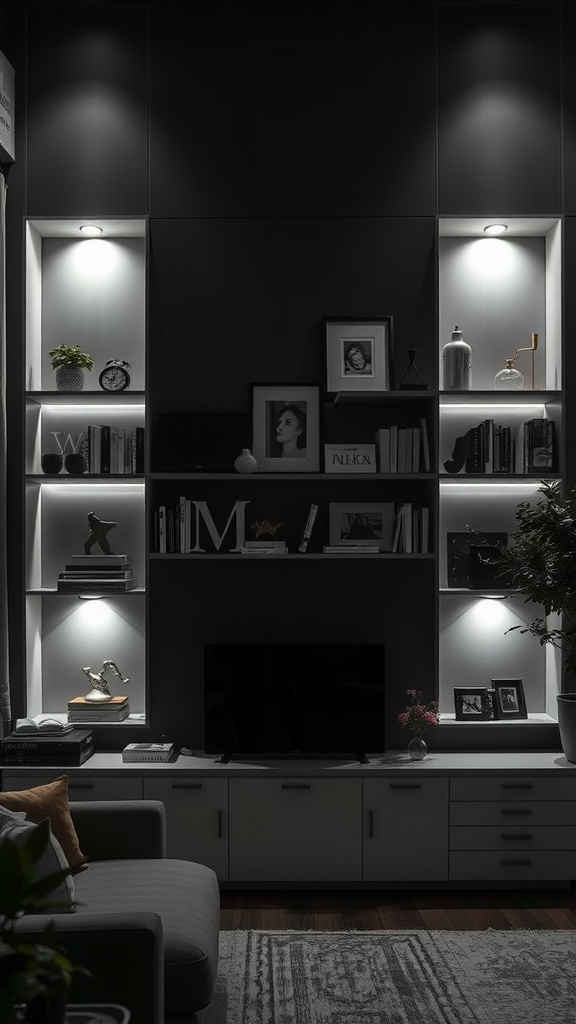 A modern living room with integrated shelf lighting, showcasing books and decorative items on illuminated shelves.