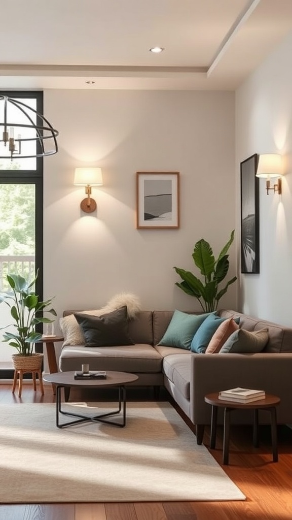 A small living room featuring integrated lighting solutions, including recessed lights, wall sconces, and natural light from large windows.