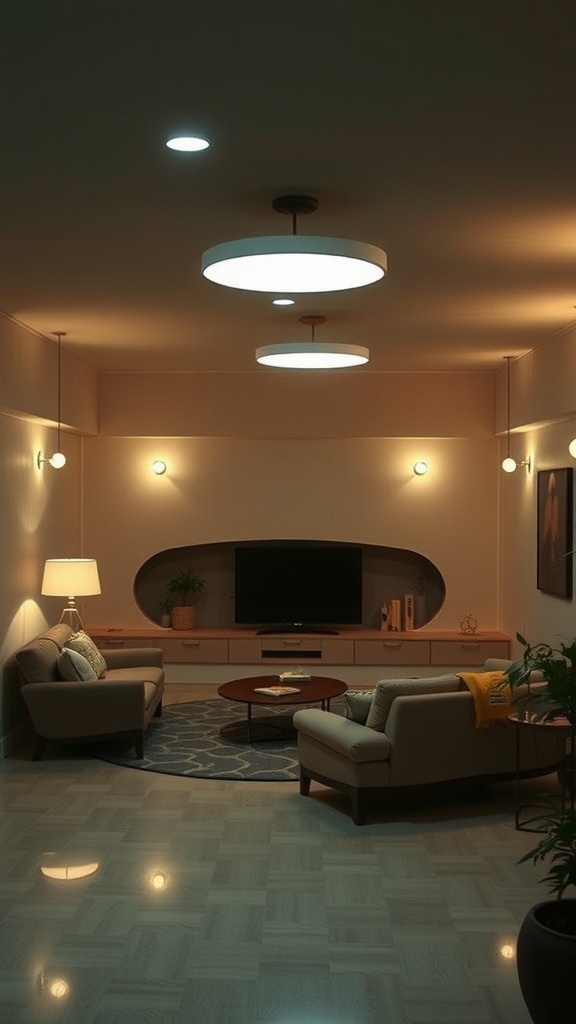 A stylish sunken living room with integrated lighting featuring round overhead fixtures and wall-mounted lights