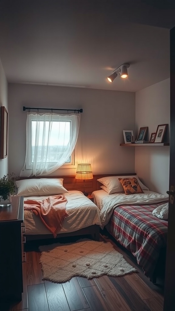 A cozy shared bedroom featuring two beds, warm lighting, and a rug.