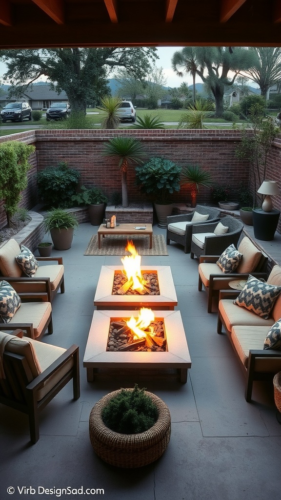 A cozy sunken fire pit area with two fire pits, surrounded by comfortable seating and plants.