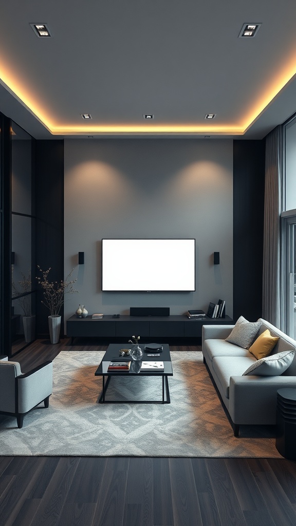 Modern living room with integrated technology features