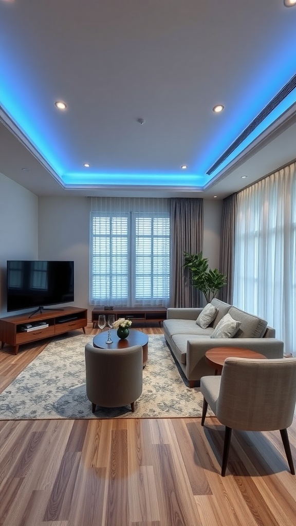 Modern living room with integrated technology showcasing blue lighting, comfortable seating, and a large television.