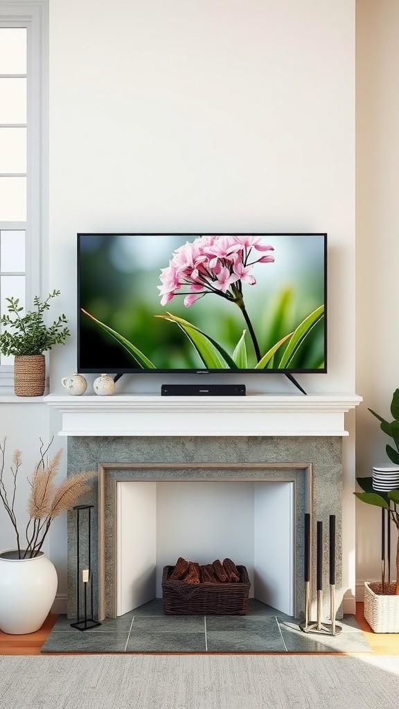 A living room featuring a TV above a stylish fireplace, with decorative plants and a basket of logs.