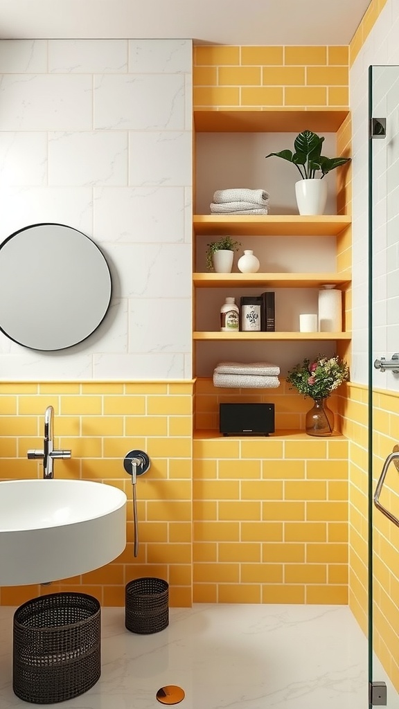 A bright bathroom featuring integrated yellow tile shelving with a modern sink and mirror.