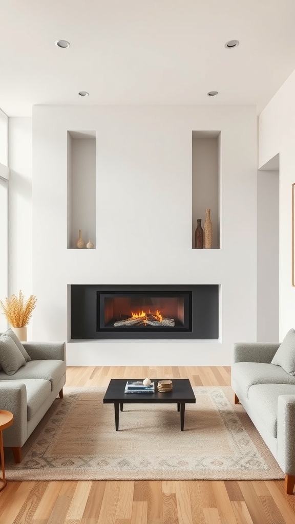 A modern living room featuring a sleek fireplace as the focal point with two sofas and a coffee table.