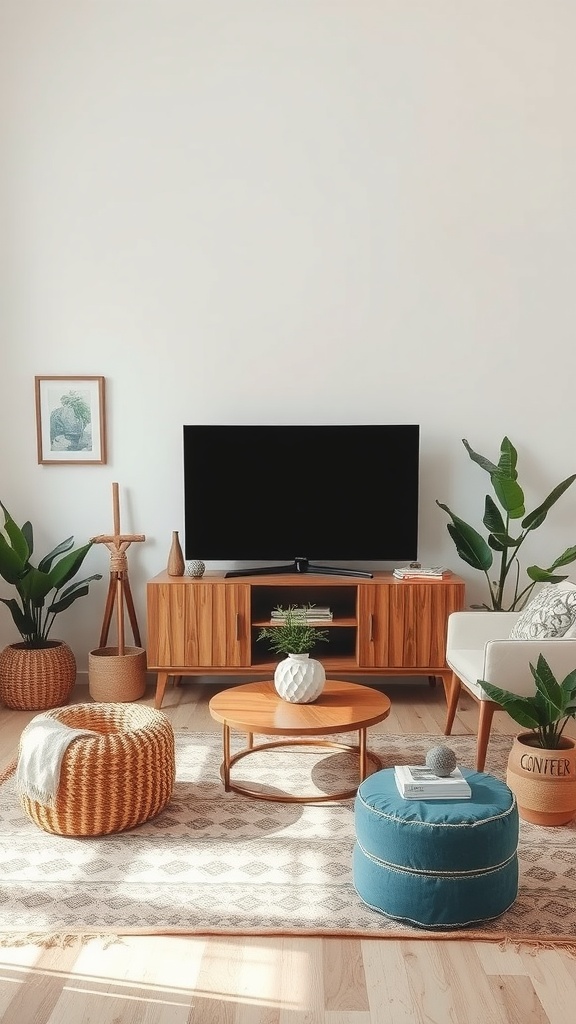 A modern boho living room featuring wooden furniture, plants, and textured decor elements.