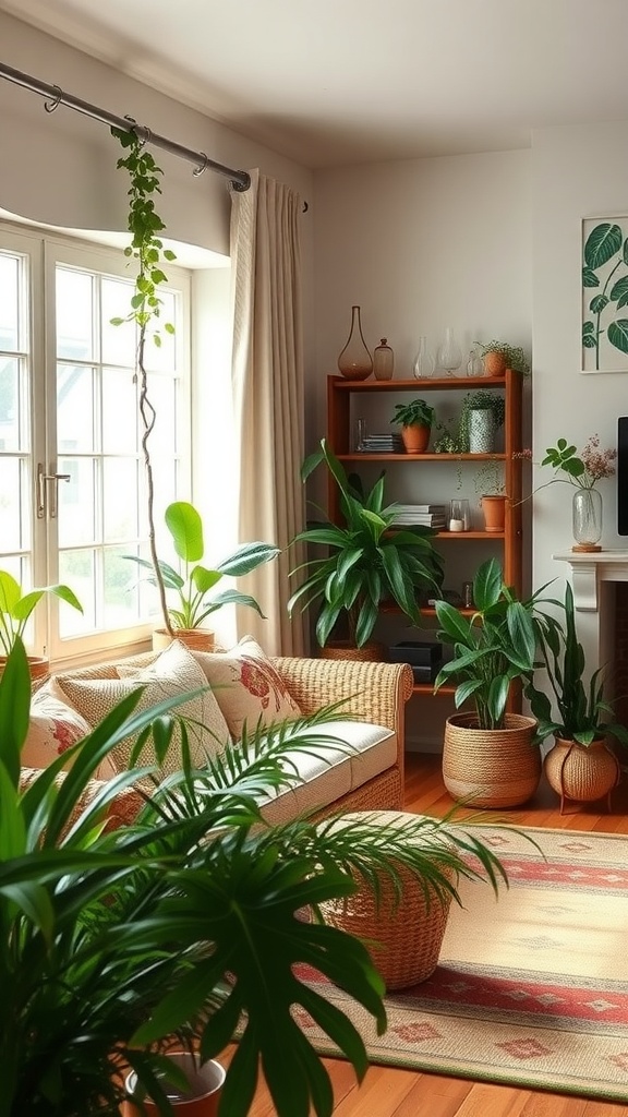 A cozy living room filled with various indoor plants, featuring a comfortable sofa and warm wood tones.