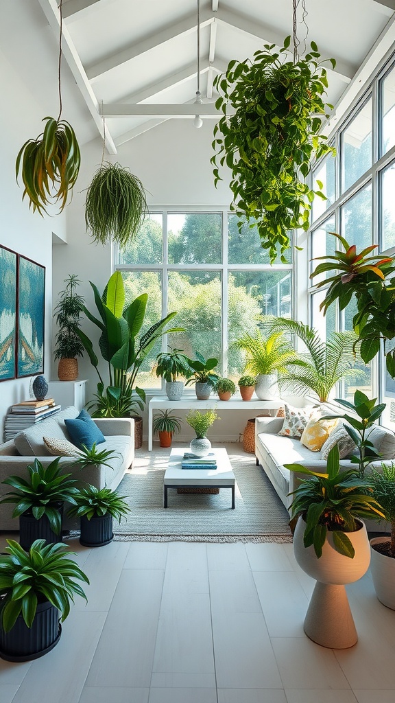 Bright and inviting open concept living room filled with various indoor plants.