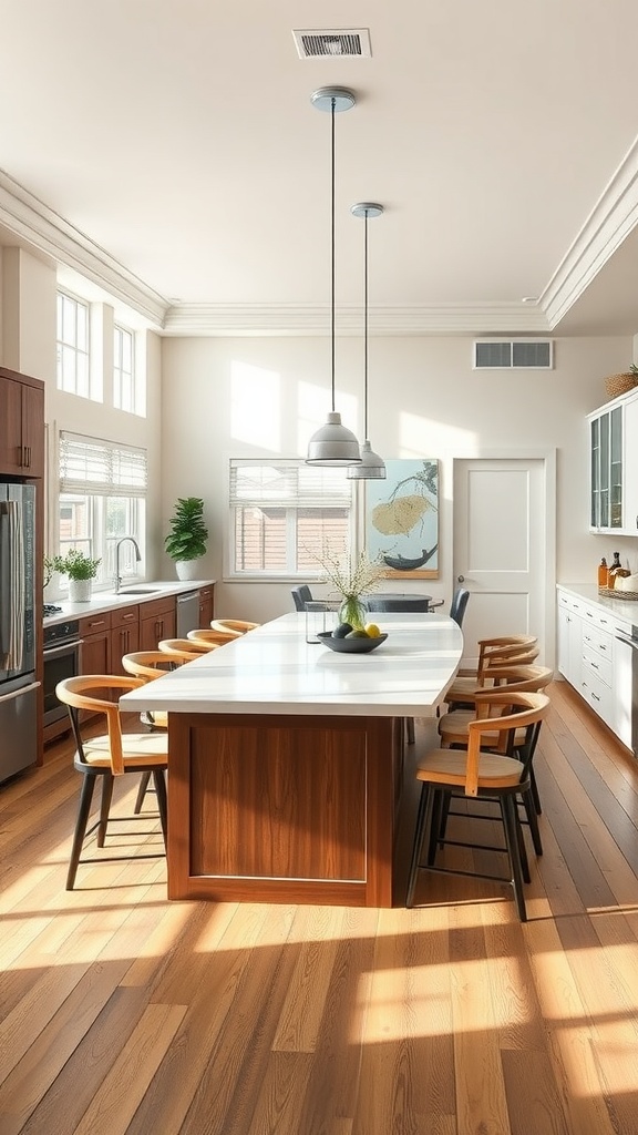 A spacious kitchen featuring a large island with seating, wooden cabinetry, and natural light from windows.