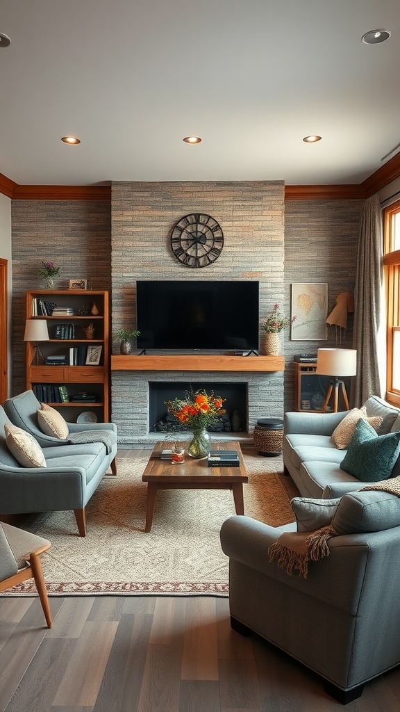 A cozy living room featuring modern technology integrated with country style elements, including a TV, wooden shelves, and comfortable seating.