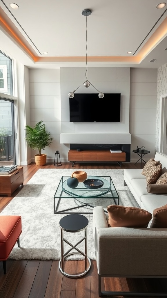 A modern living room featuring a television, stylish furniture, ambient lighting, and a warm aesthetic.