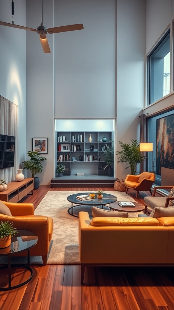 A midcentury modern living room featuring orange chairs, a sleek television, and open shelving, showcasing the seamless integration of technology.