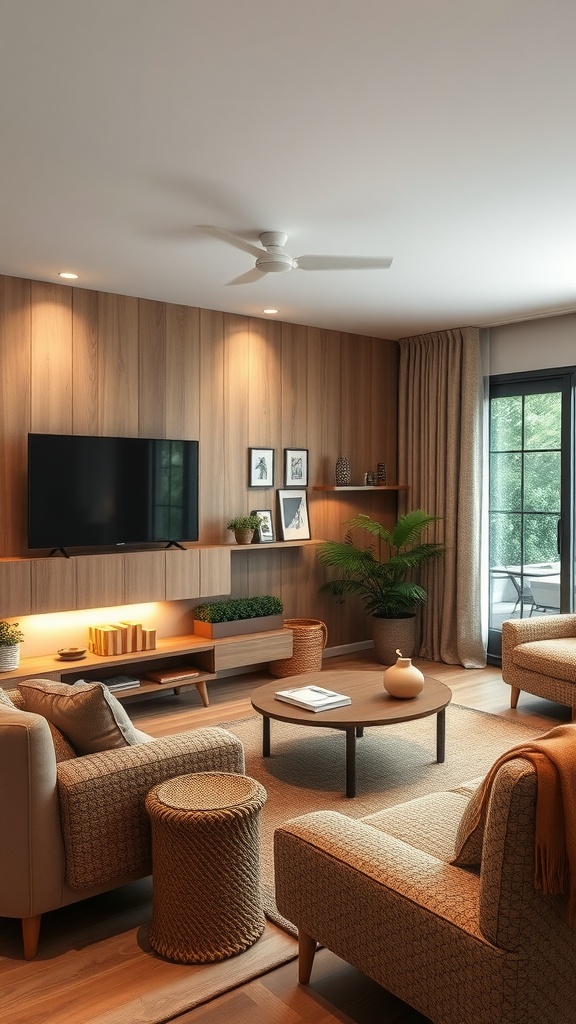 A modern living room featuring a mounted TV, wooden wall panels, cozy seating, and indoor plants.