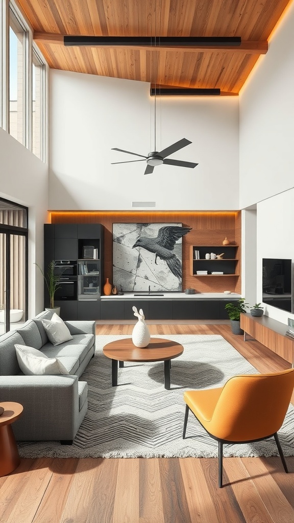 A modern open concept living room featuring a sleek design with large windows, a stylish ceiling fan, and smart home features.