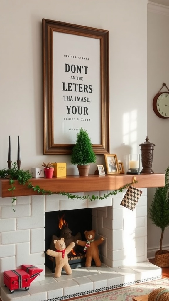 Cozy fireplace mantel decorated for Easter with teddy bears, greenery, and a framed quote.