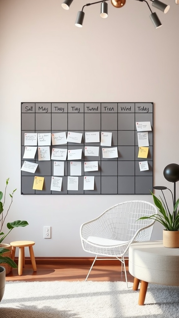 A modern interactive family calendar wall with a grid layout, colorful notes, and a cozy living room setting.