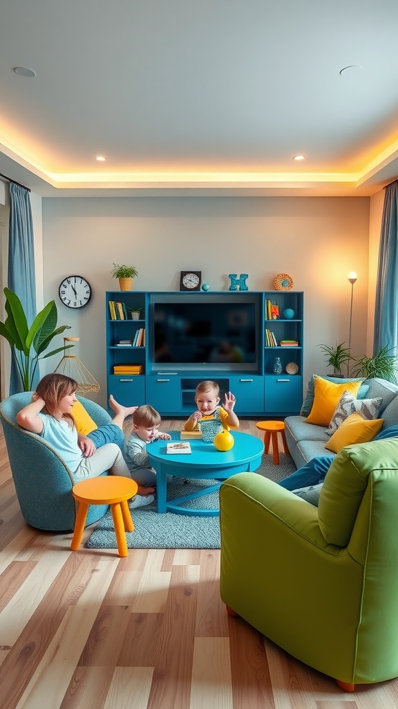 A colorful living room featuring children playing and adults relaxing.