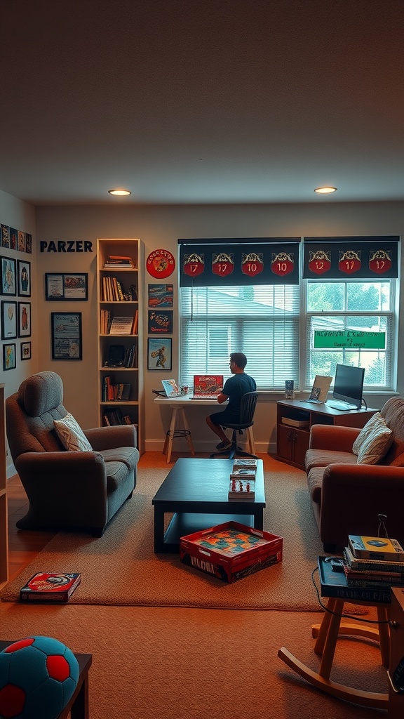 A cozy dorm living room with game elements and comfortable seating, featuring a person at a desk.