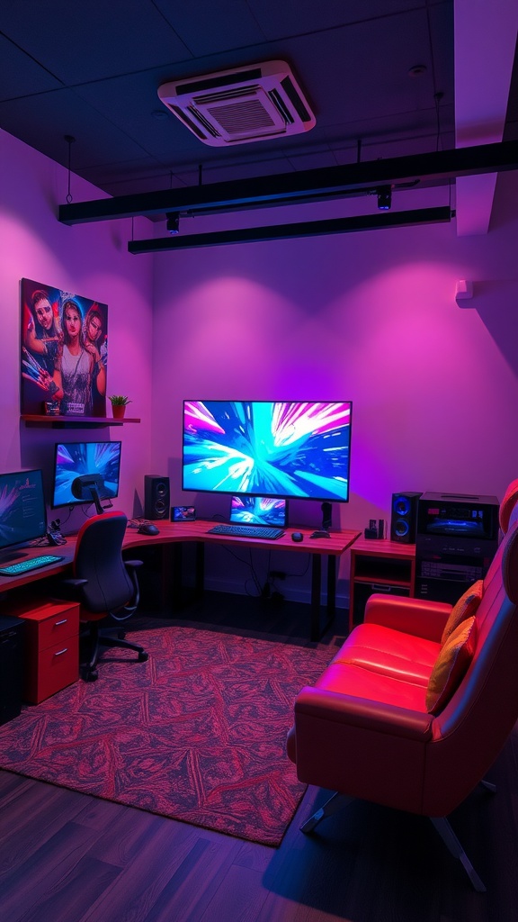 A modern gaming corner with dual monitors, a large screen, and colorful lighting.