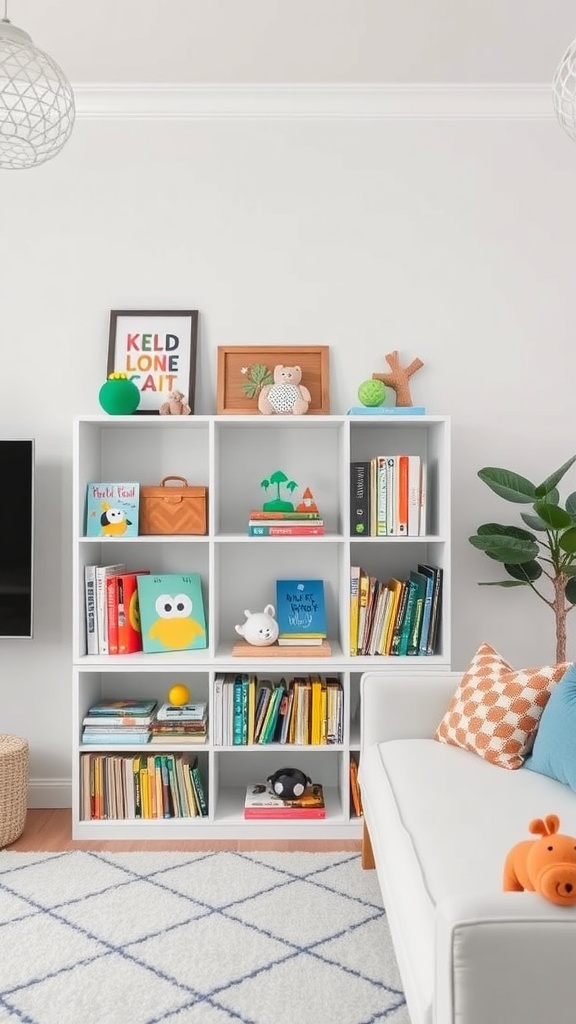 A bright and colorful kids' bookshelf filled with books and toys in a cozy living room.