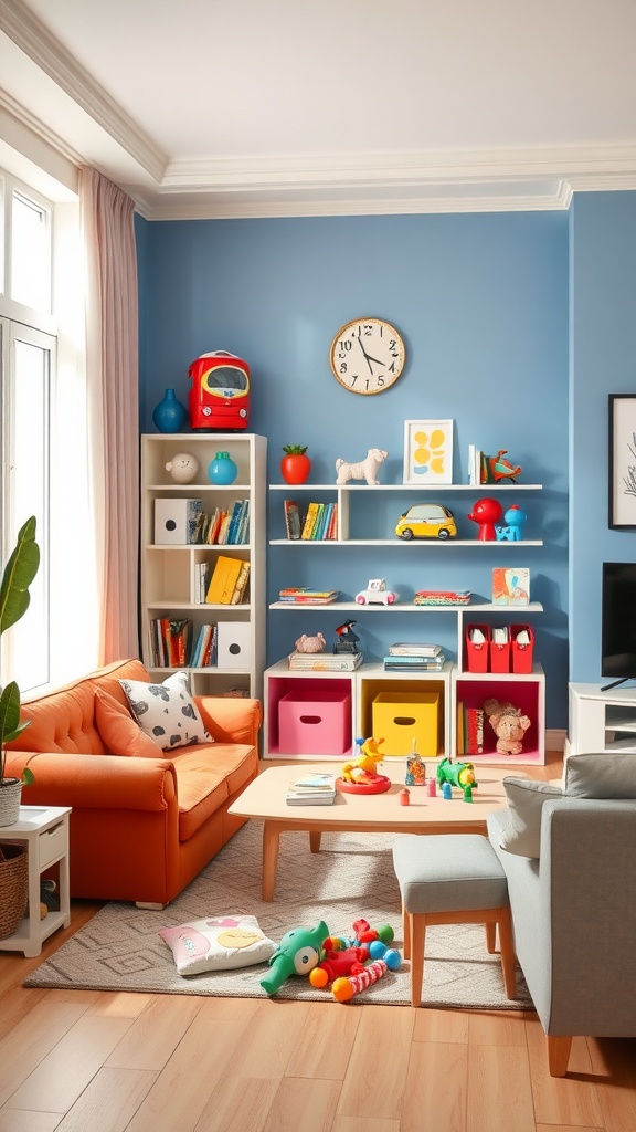 A vibrant living room featuring interactive storage solutions for children's play items, including colorful bins and a spacious coffee table.