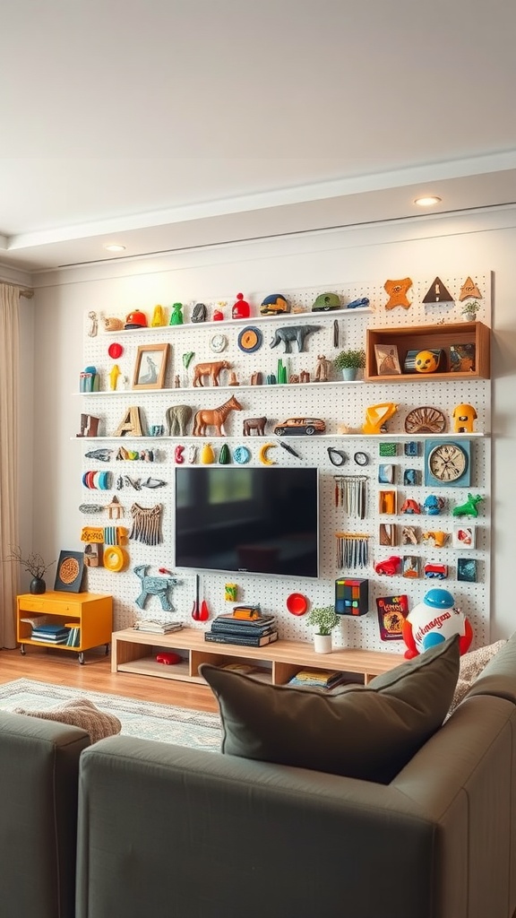 Colorful wall featuring a variety of toys displayed on a pegboard with shelves and hooks, enhancing a living room's decor.