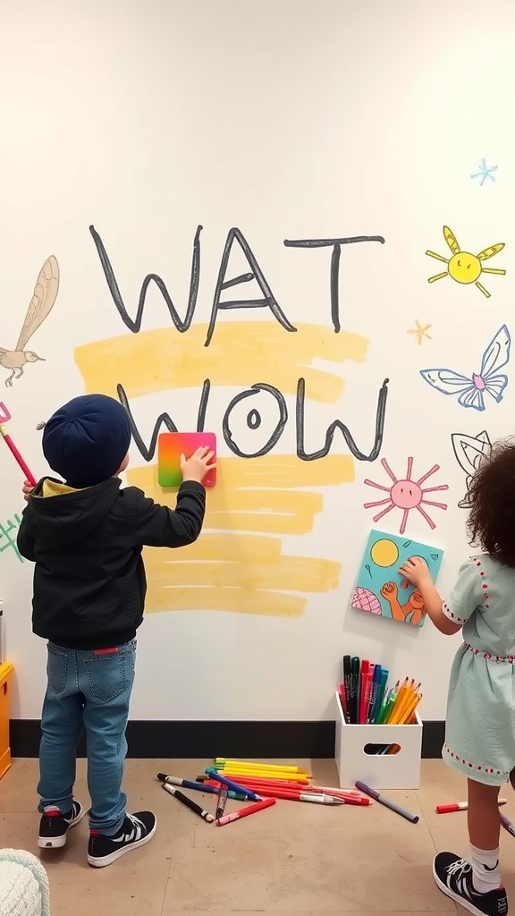 Two children actively drawing on an interactive wall with colorful markers and paper.