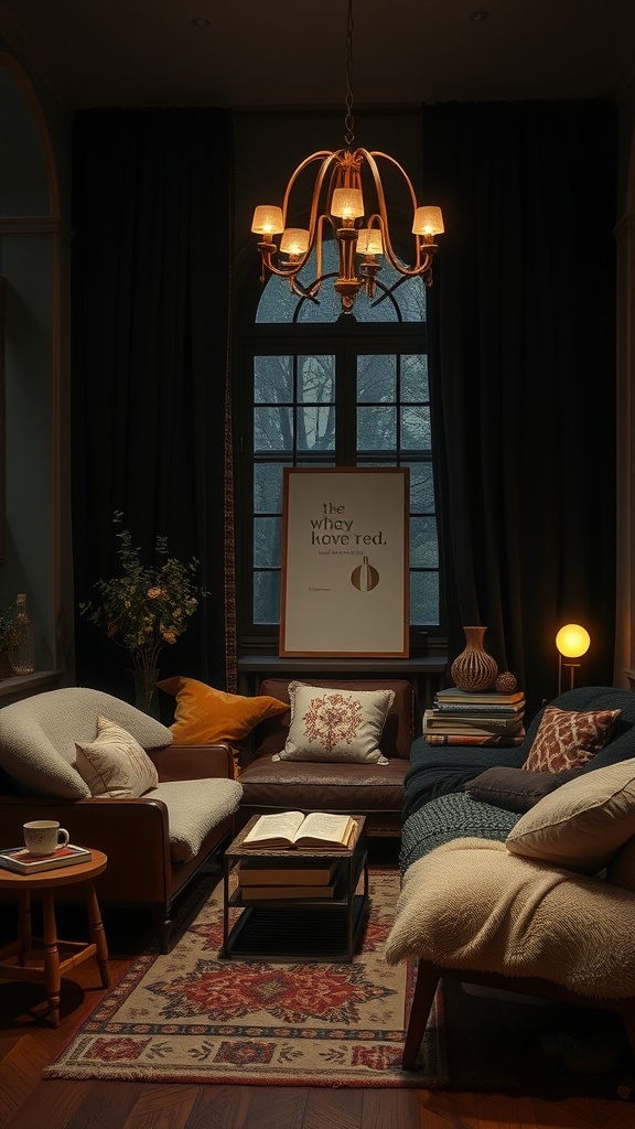 A cozy, dark boho living room nook with warm lighting, plush sofas, and decorative elements.