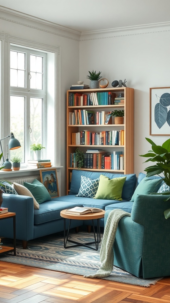 Cozy reading nook with blue and green furniture, bookshelves, and natural light