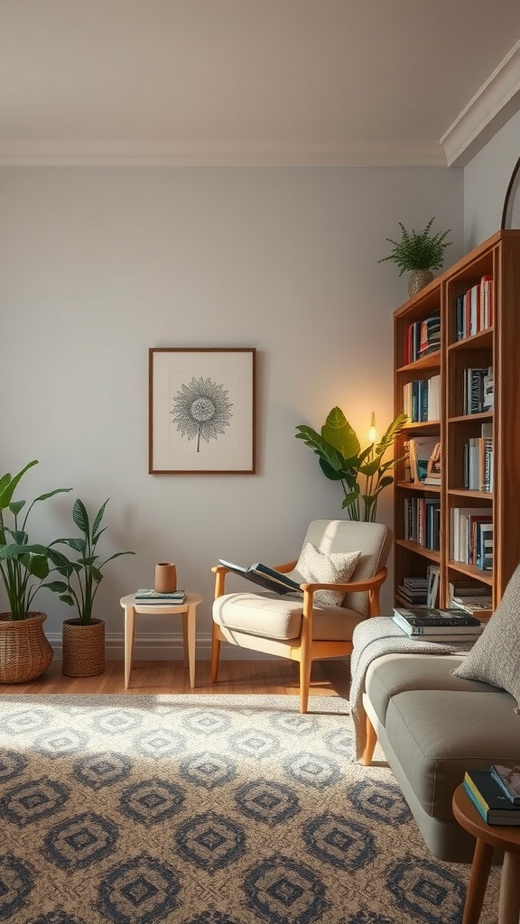 Cozy reading nook with armchair, bookshelf, and plants