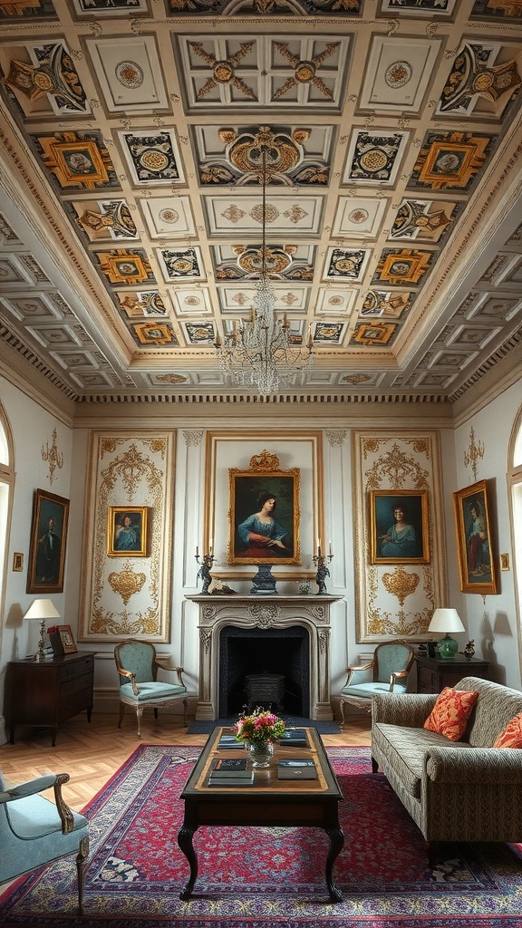 An old English living room featuring an intricately designed ceiling with detailed patterns and gold accents.