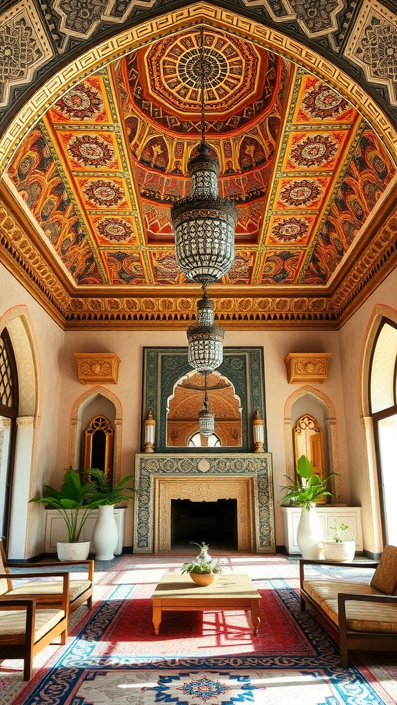 A beautifully designed Moroccan ceiling featuring vibrant colors and intricate patterns with hanging light fixtures.