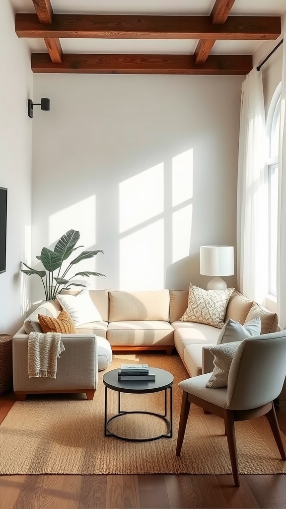 Cozy beige living room nook with white accents and natural light