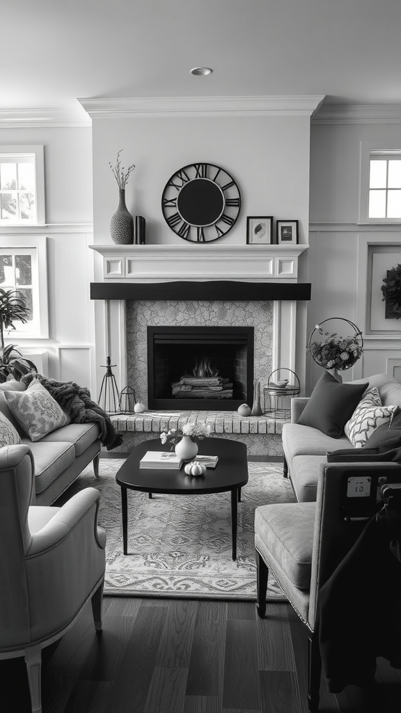 Living room featuring a black and white fireplace with elegant decor