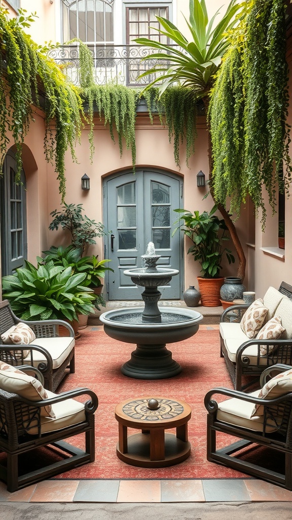 A cozy courtyard lounge featuring comfortable seating, a central fountain, and abundant greenery.