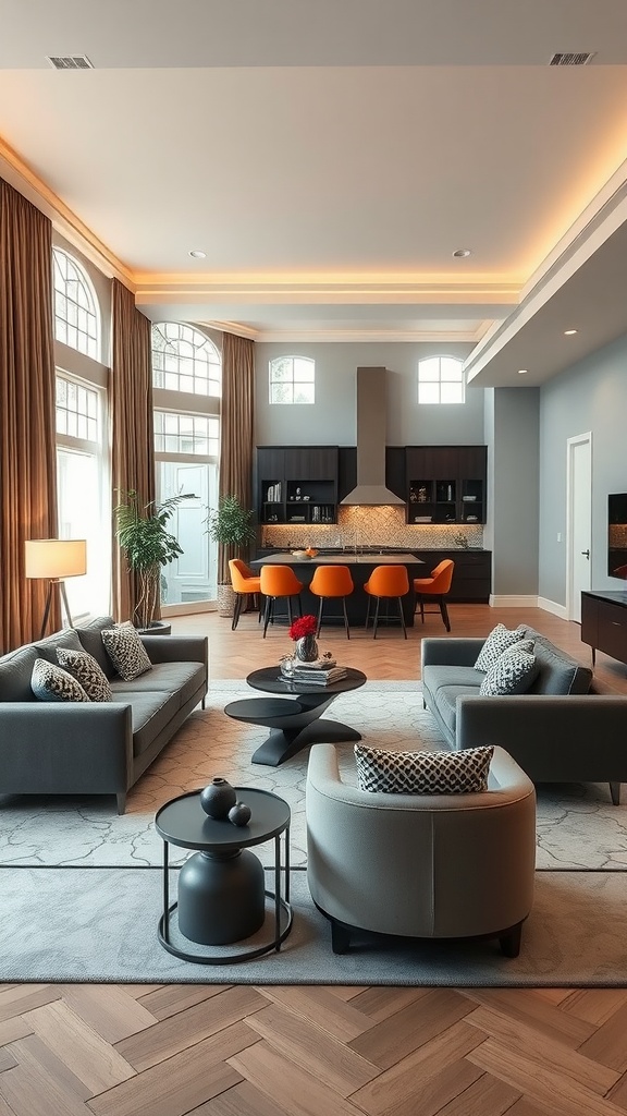 A stylish living room with gray sofas, a round coffee table, and a dining area with orange chairs, featuring large windows and warm wood flooring.