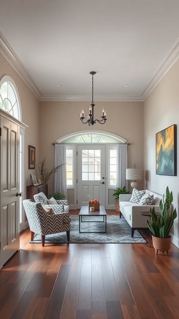 Cozy living room with large front door, bright natural light, patterned armchair, and plants.