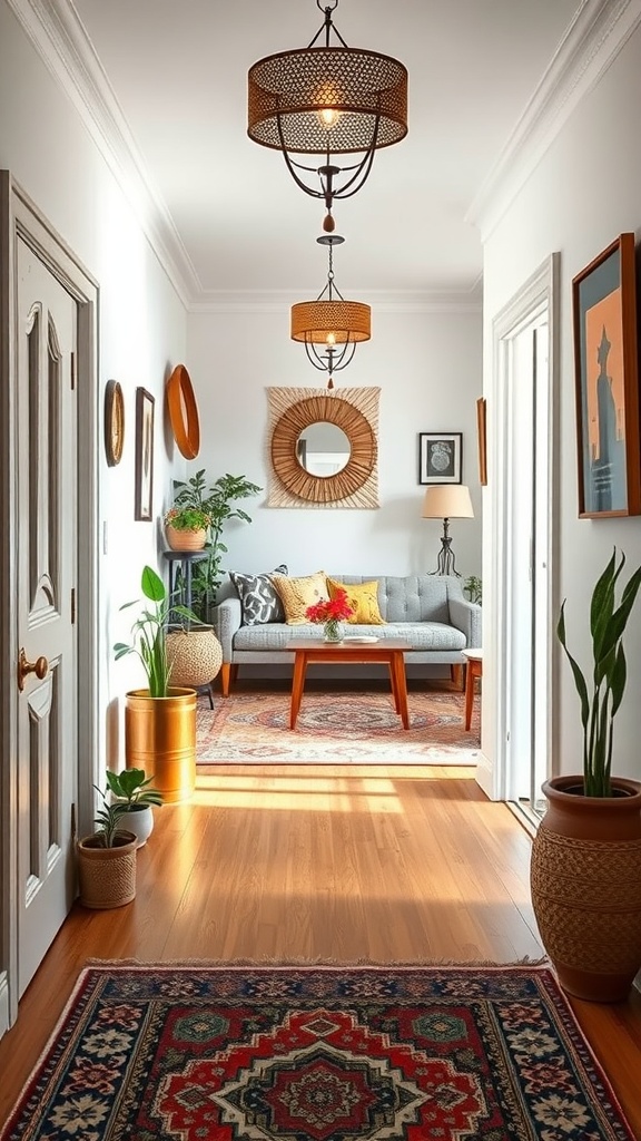 A cozy boho-style entryway featuring plants, a colorful rug, and comfortable seating