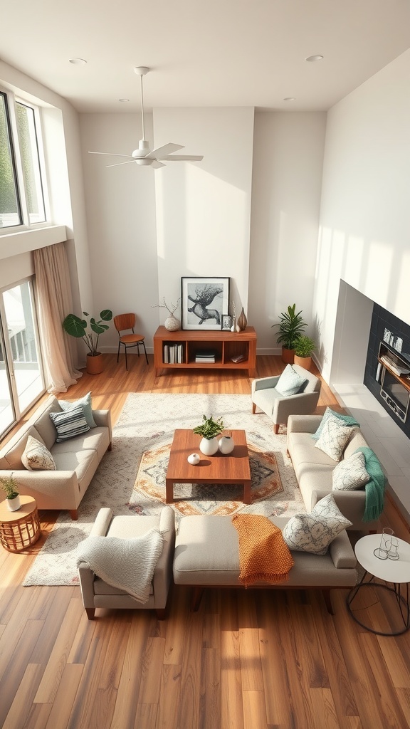 A modern boho living room with a cozy seating arrangement, wooden coffee table, and natural light.