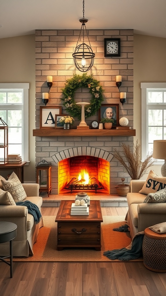 Cozy farmhouse living room featuring a brick fireplace, soft sofas, and decorative accents