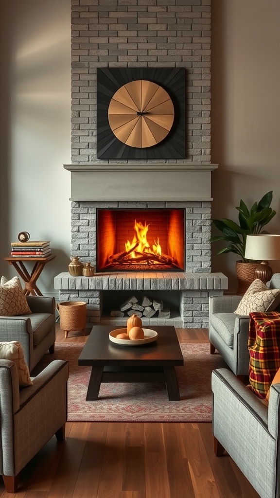 Cozy living room with a brick fireplace and comfortable seating