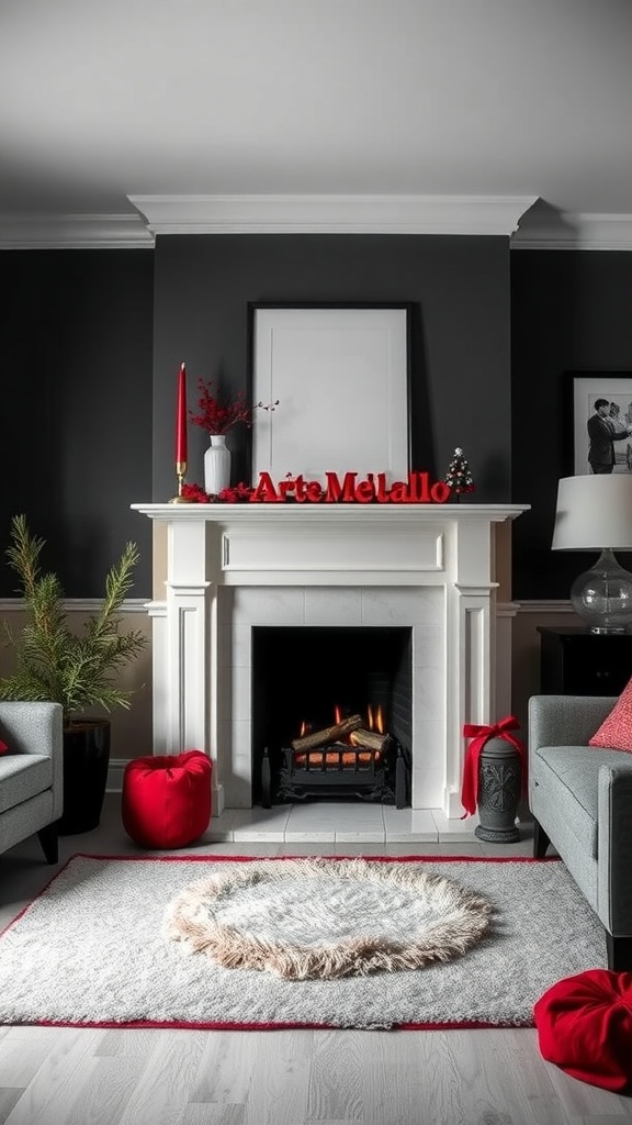 A cozy living room with a fireplace, featuring black, red, and white colors. The mantel is decorated with red accents, candles, and greenery, creating a warm atmosphere.